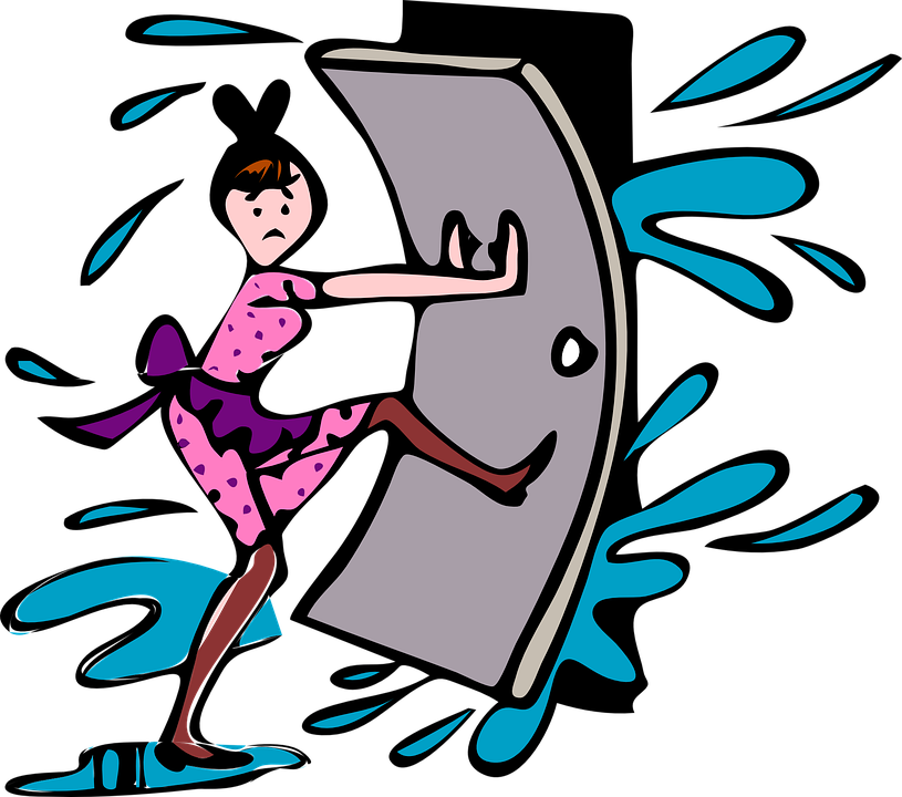 Cartoon woman holding door shut to prevent a flood